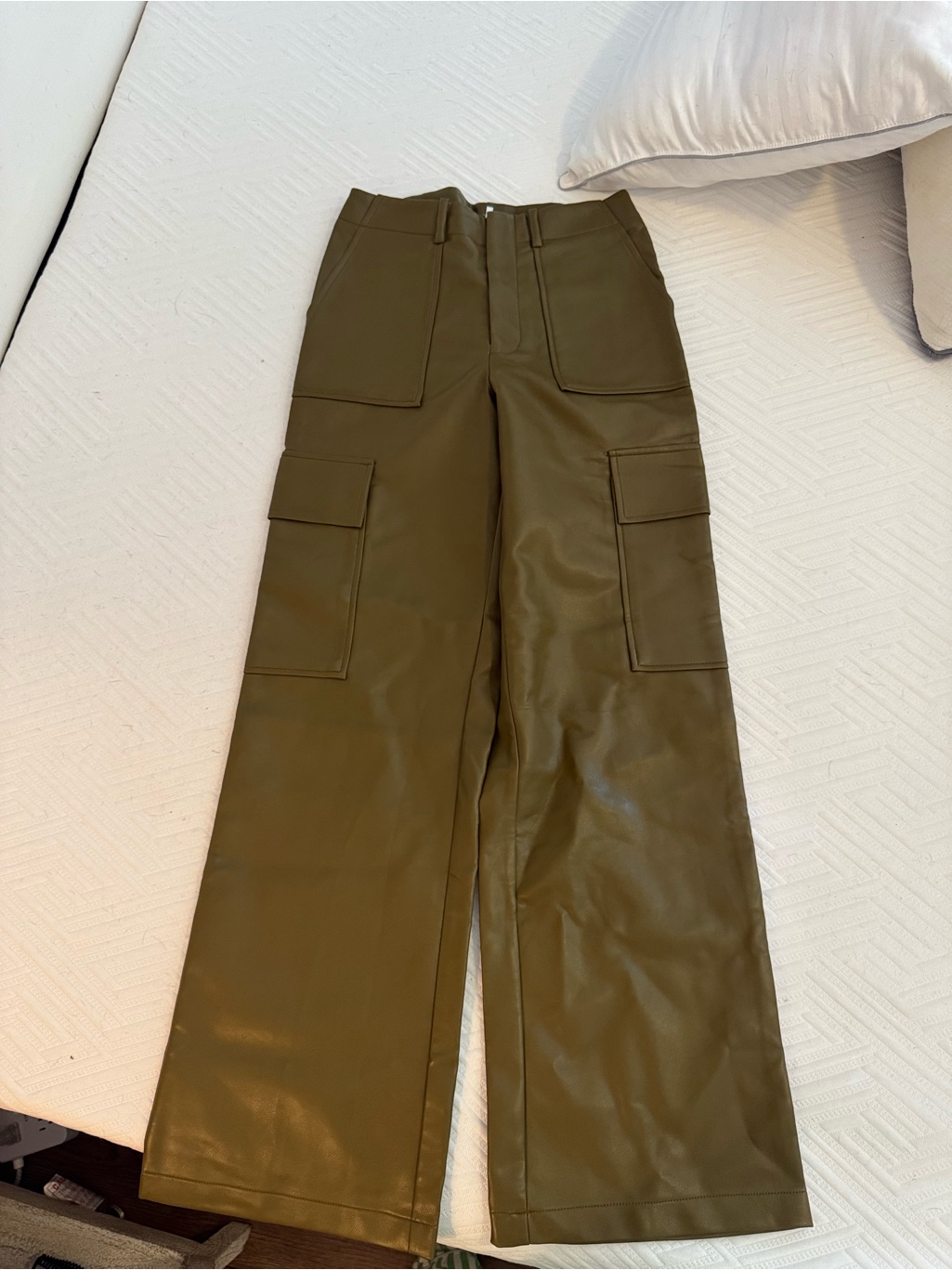 Wayf Olive Green Faux Leather Wide-Leg Cargo Pants